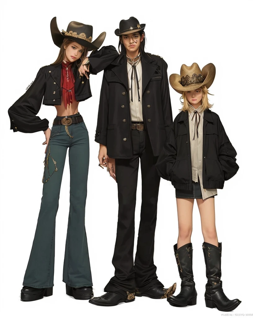 This image features three characters with distinctive styles, incorporating Western and modern elements, The image shows three individuals, each with unique attire and expressions, standing in a casual pose that suggests camaraderie or a shared theme, Left Character: Attire: Wearing a large cowboy hat with a decorative design, red blouse, and flared blue jeans with intricate embroidery on the legs. A large belt buckle and heeled boots complete the look, giving a classic Western vibe,
Appears relaxed with a confident or slightly bored expression, one arm resting on the middle character’s shoulder, Middle Character: Dressed in a black, formal Western-style outfit, including a long coat with white detailing, a bolo tie, and cowboy boots, His attire has a more formal, almost gothic twist with dark colors and sleek lines, Has a stoic expression, standing straight with hands at his sides, giving off a serious, composed demeanor. Right Character: Attire: Also wearing a cowboy hat with a similar design, oversized black jacket, light-colored shirt, and a short denim skirt, Boots with decorative patterns add a playful touch to the outfit. The character appears cheerful and mischievous, with a wide grin and hands tucked into the pockets of the oversized jacket, suggesting a playful or carefree attitude