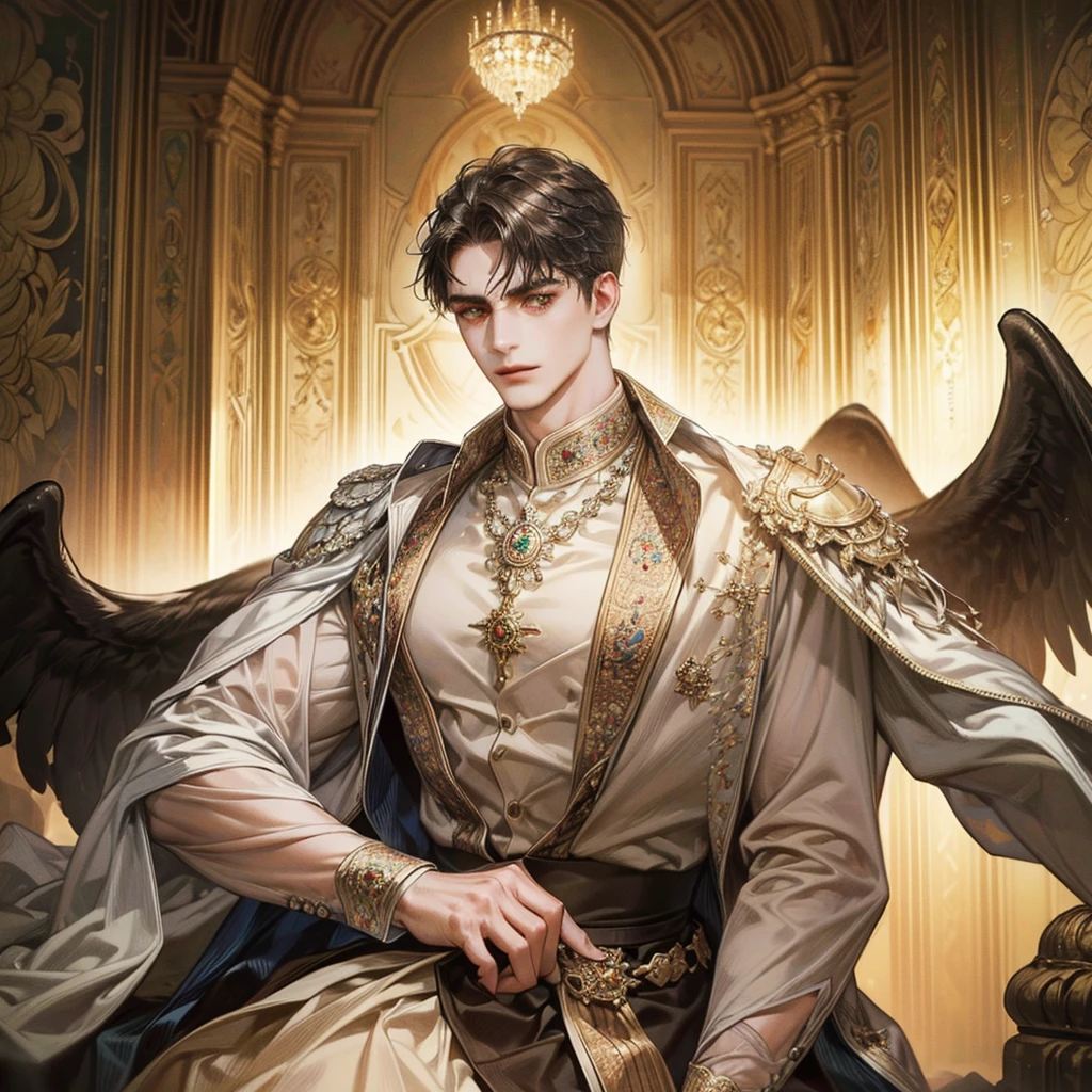 a 34-year-old Constantine the Great with a kind smile, the fierce gaze of a strong lion, an overwhelming aura of a powerful ruler, wearing a high-end suit as a successful businessman, in a grand hall with the sparkling jewels of Istanbul, a fantastic and urban night view, (best quality,8k,highres,masterpiece,ultra-detailed:1.2),(realistic,photorealistic:1.37),intricate details,cinematic lighting,dynamic composition,dramatic atmosphere,vibrant colors,warm lighting,ornate interior,luxurious decor