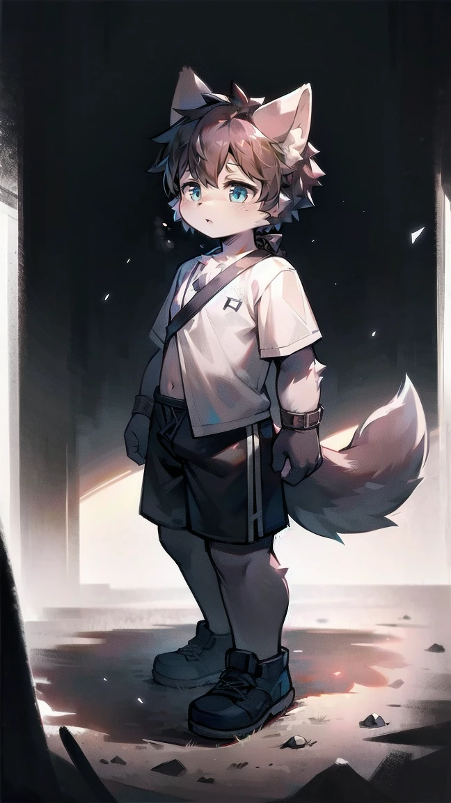 White Wolf，black hair，Sky blue eyes，hairy，Wolf ears，Wolf tail，Full body portrait，The character is in the center of the frame，Handsome，Confident eye***but，juvenile，Black and white combat uniform，Red neck bib，Black shorts，Short sleeve，hairy arms and legs，Dark background，Dark battlefield，dawn，sunrise，dawn，illumination，shadow，Swordsman，Scabbard and Hold the hilt of a in your hand，The scabbard is at the waist，Highest quality,A tall stature