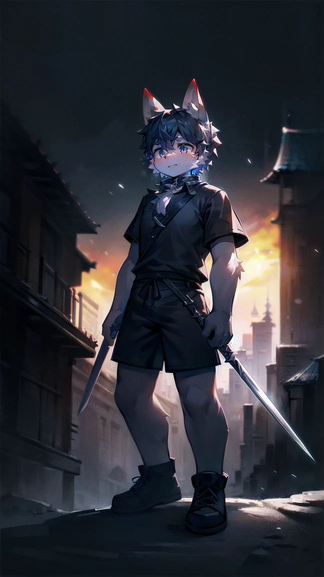 White Wolf,black hair,Sky blue eyes,hairy,Wolf ears,Wolf tail,Full body portrait,The character is in the center of the frame,Handsome,Confident eye***but,juvenile,Black and white combat uniform,Red neck bib,Black shorts,Short sleeve,hairy arms and legs,Dark background,Dark battlefield,dawn,sunrise,dawn,illumination,shadow,Swordsman,Scabbard and Hold the hilt of a in your hand,The scabbard is at the waist,Highest quality,A tall stature