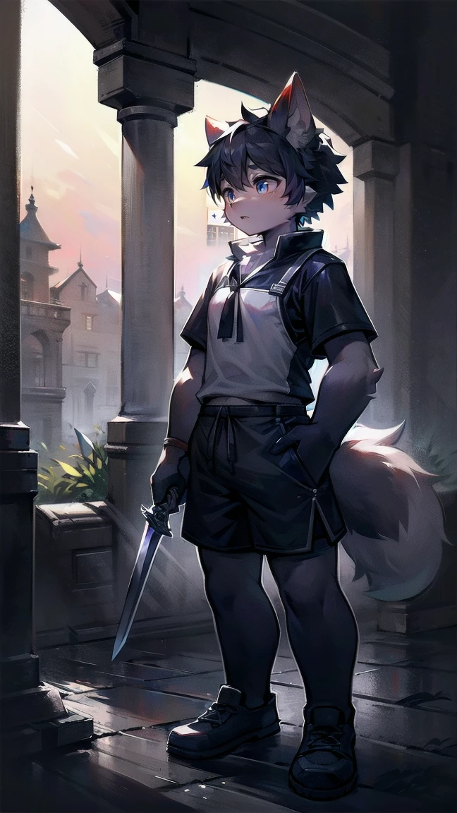 White Wolf，black hair，Sky blue eyes，hairy，Wolf ears，Wolf tail，Full body portrait，The character is in the center of the frame，Handsome，Confident eye***but，juvenile，Black and white combat uniform，Red neck bib，Black shorts，Short sleeve，hairy arms and legs，Dark background，Dark battlefield，dawn，sunrise，dawn，illumination，shadow，Swordsman，Scabbard and Hold the hilt of a in your hand，The scabbard is at the waist，Highest quality,A tall stature