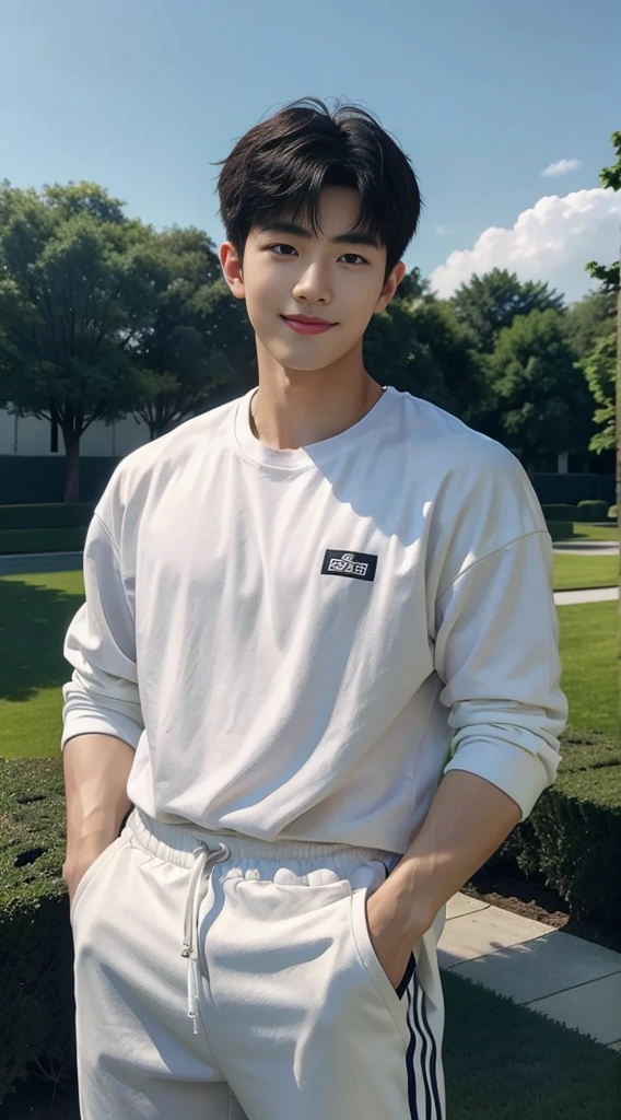 (As a matter of fact, Masterpiece, 8k HD, good light quality, sportswear, fit the face, complicated details), A handsome, muscular young Korean man. , 20 years old, be happy, smile brightly, detailed face, delicate eyes, มองดูsky, Wear casual clothes, period, black eyes, Black hair color, ผมsmooth, smooth, outdoor sports, Along the garden, Sunny,sky,Surreal,Awesome details,Highest quality,real,