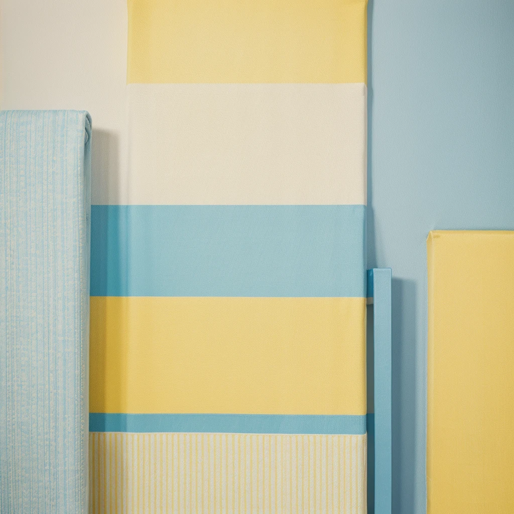 Canvas with wide light blue stripes, white and yellow vertical
