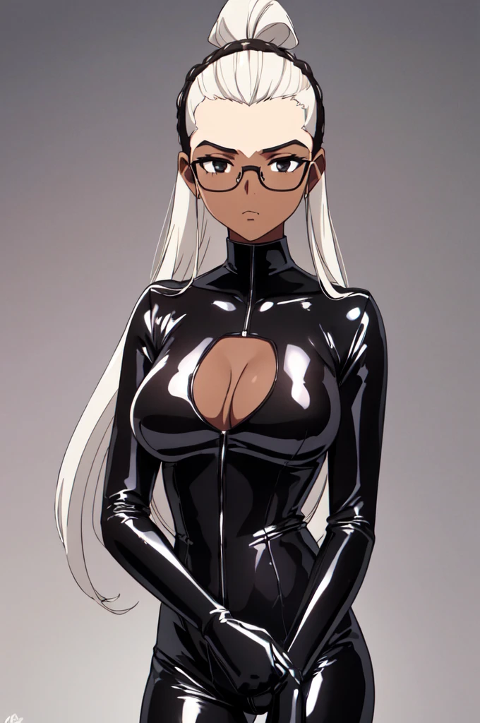 ((best quality)), ((masterpiece)), solo, 1girl, brown dark skin, white hair, black glasses, [[forehead]], ((slicked back hair)), hairline, black latex bodysuit, black open body suit, cleavage, long hair, straight hair, black eyes, , girl, large breasts, delicate beautiful face, black eyebrows,