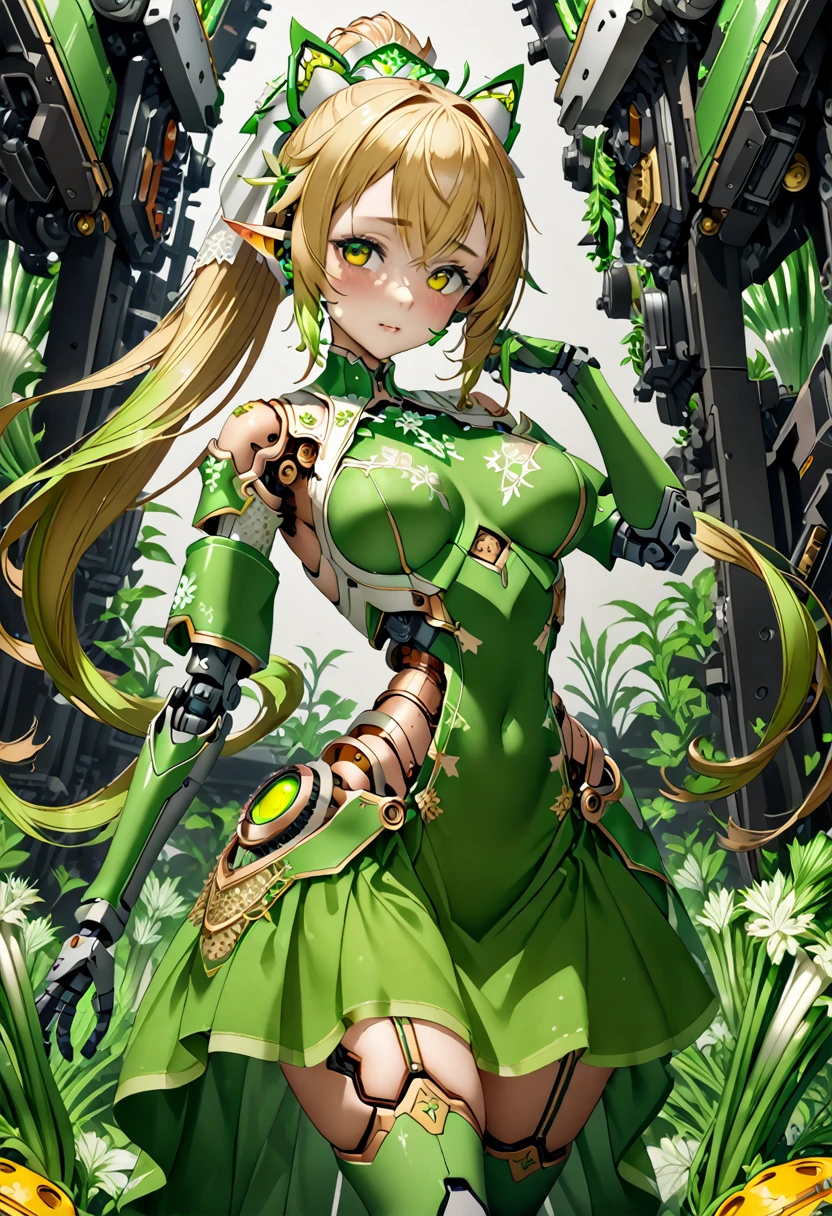 (((Highest quality)))、(((unity 8k wallpaper)))、(((32k)))、(((masterpiece)))、(((Very detailed)))、(((Ultra-high resolution)))、(((Ultra-high resolution)))、(((Cyborg Greefer)))、(((Mecha Girl)))、(((Robot Girl))、((A dress-like armor with a green onion color and yellow mold growing on it.、Mechanical Rimbecha Girl、Machinery Parts、複雑に表現されたスーパーRobot Joints、Robot Joints、Robot Fingertips、Single Mechanical Arm、Mechanical Arm、elf ears headset、Complex mechanical bodies、A mechanical waist covered in elaborate armor、Realistic and complex camera eye:1.5))、A complex fusion of body and machine、Legs covered in green and yellow armor、Beautiful legs with mechanical knee joints encased in mechanical, sock-like armor、Eyes like a mechanical camera、Anatomically correct machine、Covered in lilac and yellow armor、Very beautiful face、Beautiful posture、Stand upright、Long blonde ponytail hairstyle、