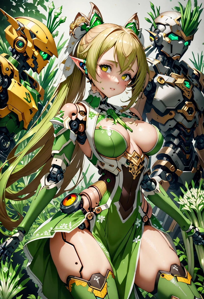 (((Highest quality)))、(((unity 8k wallpaper)))、(((32k)))、(((masterpiece)))、(((Very detailed)))、(((Ultra-high resolution)))、(((Ultra-high resolution)))、(((Cyborg Greefer)))、(((Mecha Girl)))、(((Robot Girl))、((A dress-like armor with a green onion color and yellow mold growing on it.、Mechanical Rimbecha Girl、Machinery Parts、複雑に表現されたスーパーRobot Joints、Robot Joints、Robot Fingertips、Single Mechanical Arm、Mechanical Arm、elf ears headset、Complex mechanical bodies、A mechanical waist covered in elaborate armor、Realistic and complex camera eye:1.5))、A complex fusion of body and machine、Legs covered in green and yellow armor、Beautiful legs with mechanical knee joints encased in mechanical, sock-like armor、Eyes like a mechanical camera、Anatomically correct machine、Covered in lilac and yellow armor、Very beautiful face、Beautiful posture、Stand upright、Long blonde ponytail hairstyle、