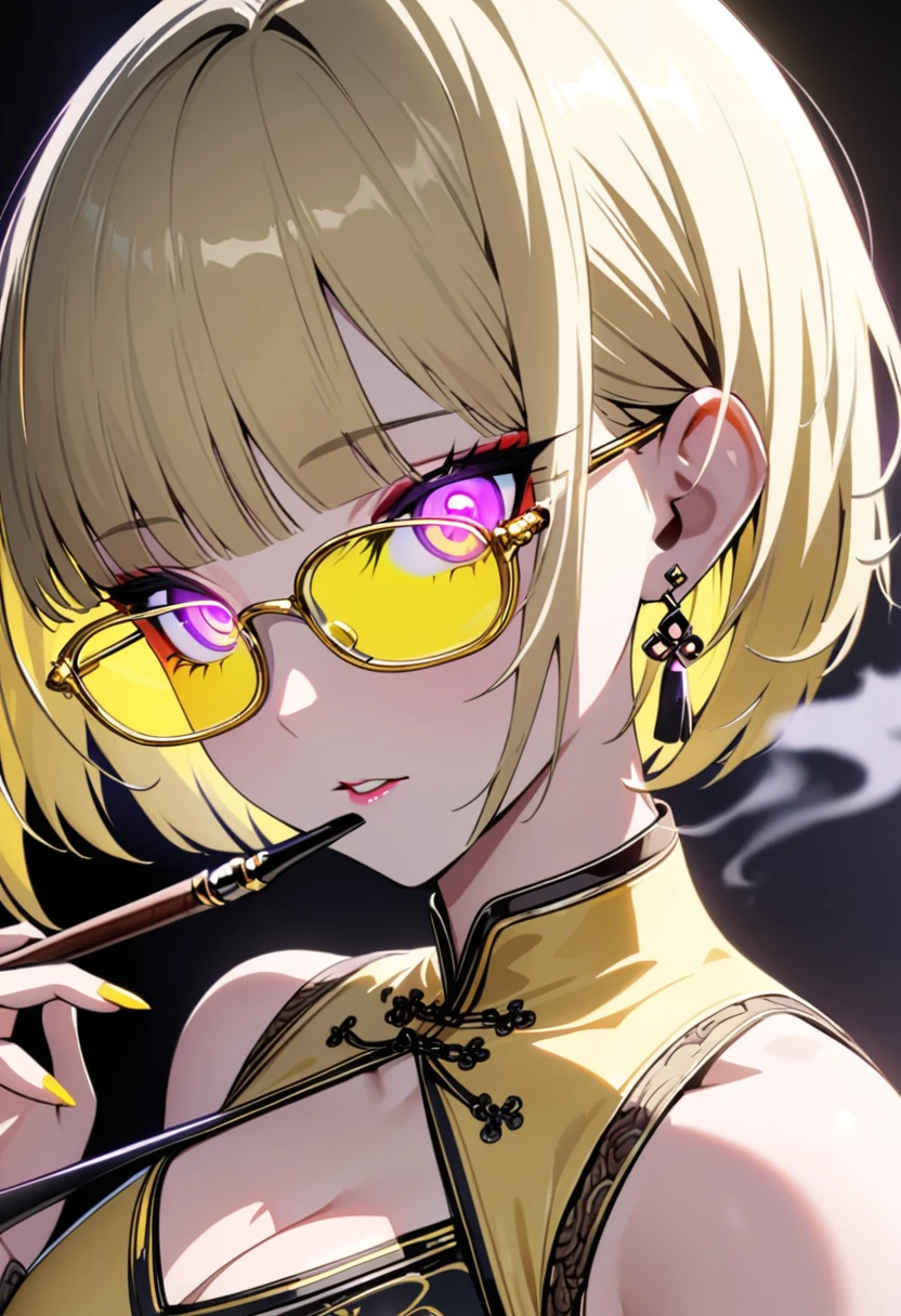 (masterpiece, sidelighting, finely detailed beautiful eyes: 1.2),1solo,1girl,smoke,smoking pipe,(((yellow glasses:1.3))), headphone, short hair, blunt bangs,holding,looking at viewer,jewelry,holding smoking pipe,parted lips,smoking,kiseru,chinese clothes,hair between eyes,darkness background,simple background,tassel,blurry,purple eyes,eyelashes,nail polish,medium breasts, clavicle, cleavage, bare arms, glowing eyes, shiny hair, lustrous skin, solo, embarassed, (midriff), cowboy_shot,makeup,ct-style,beautiful eyes,