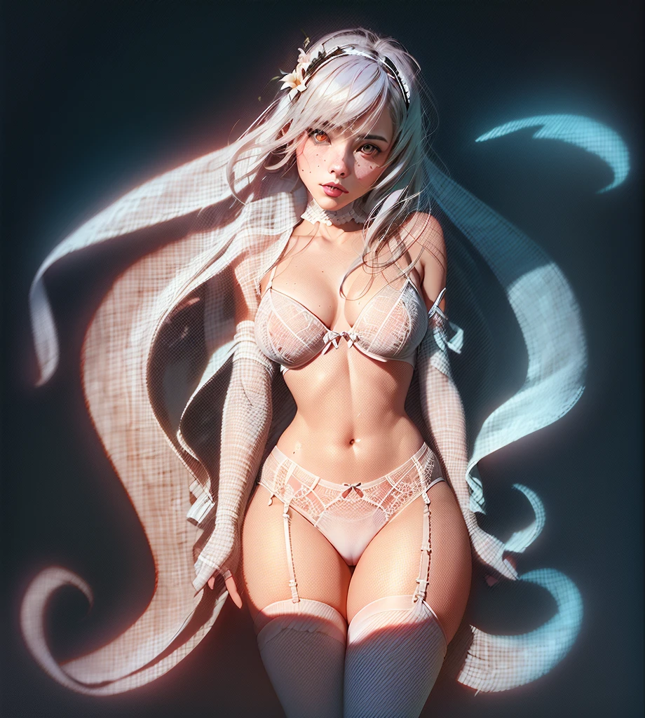 (lace, lace-trim, white elbow gloves, white bow bra, white thighhighs, bare shoulders, thighs, underwear only, bow panties, white choker, g-string, thong:1.4), cleavage, (orange eyes, long white hair, swept bangs, messy hair:1.4), (pink lips, hair flower, pink flower, makeup:1.2), 1girl, thigh gap, ((outdoors, hills, grass, leaves, blue sky, sun, flowers)), (arms by side1.2), (((white garter straps, white garter belt:1.2))), (white skin), deep shadow, award winning photo, best quality, masterpiece, woman, freckled face, by Antonio J. Manzanedo, by lee jeffries nikon d850 film stock photograph 4 kodak portra 400 camera f1.6 lens rich colors hyper realistic lifelike texture dramatic lighting unreal engine trending on artstation cinestill 800, fisheye lens, Style-Kilt