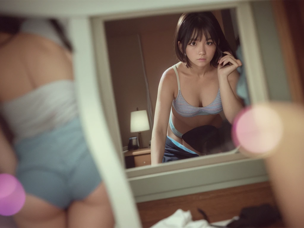 (Peephole view) , Voyeur , (old color negative film) , (soft focus) , (Bokeh:1.3) , woman , woman's messy room , (Activities of daily living) , underwear , looking away , Change underwear , Scratching the groin , behind object , bathing , twilight , dim light , top view