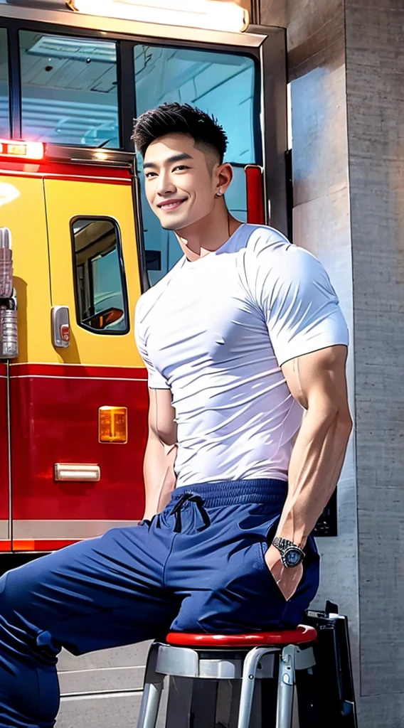 korea male male model sit on the table , big muscles, handsome, cool, smoothly combed hair, pierced ears, wearing a t-shirt navy top, holding a lollipop, portraiture, modeling, dynamic pose, Japanese street, late at night, store lights trade, full half body shot, kind_smile, open mouth, fullbodypolice officer, Korean Men ,facial hair, Full body, ,(Police badge) ,(Torn navy round neck shirt), (Navy blue round neck shirt.), (Abrasions on the body....: 1.3), (Navy Cargo Pants: 1.3), Short Hair Hair, (High shadow detail),Pectoral muscles, Big arm muscles, blood vessel, Big muscles, Wide shoulders, Abrasions on the body...., Abrasions on the face, nighttime , fire truck