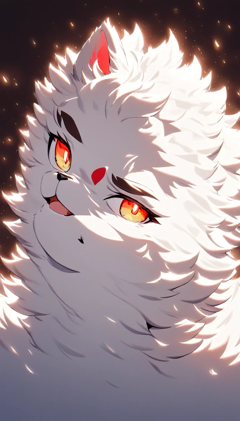furry, white fur, ultra cute face, red elements on fur, glowing t-shrt, beautiful lights and shadows, ambient light, ultra detailed fur, volumetric light