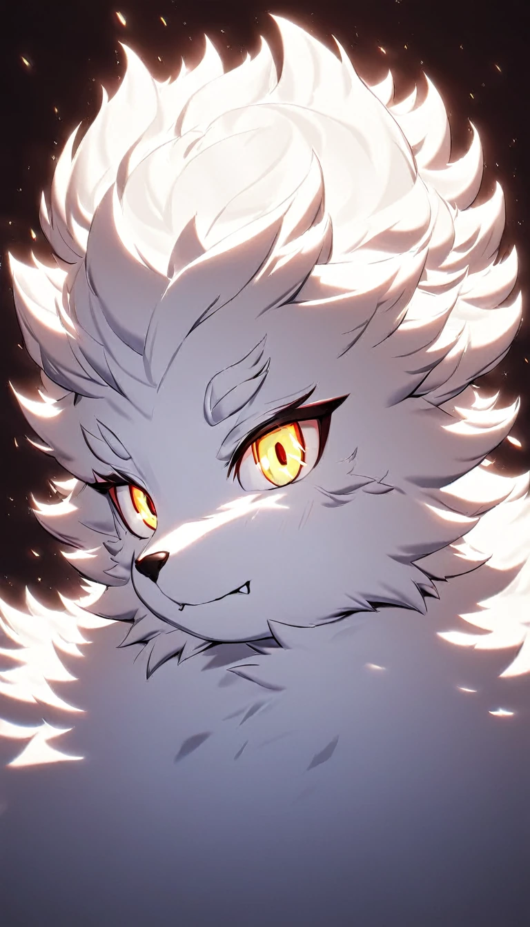 furry, white fur, ultra cute face, red elements on fur, glowing t-shrt, beautiful lights and shadows, ambient light, ultra detailed fur, volumetric light