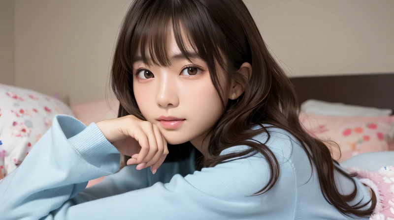 Produce the highest quality and highest resolution 8K images。Please draw the whole body of a 20 year old Japanese woman.。Please draw an image of me relaxing in my room wearing light blue long sleeved pajamas.。She has brown eyes and a model figure.、She has an idol-level cute face.。The hair is curly。Skin has a healthy color。
