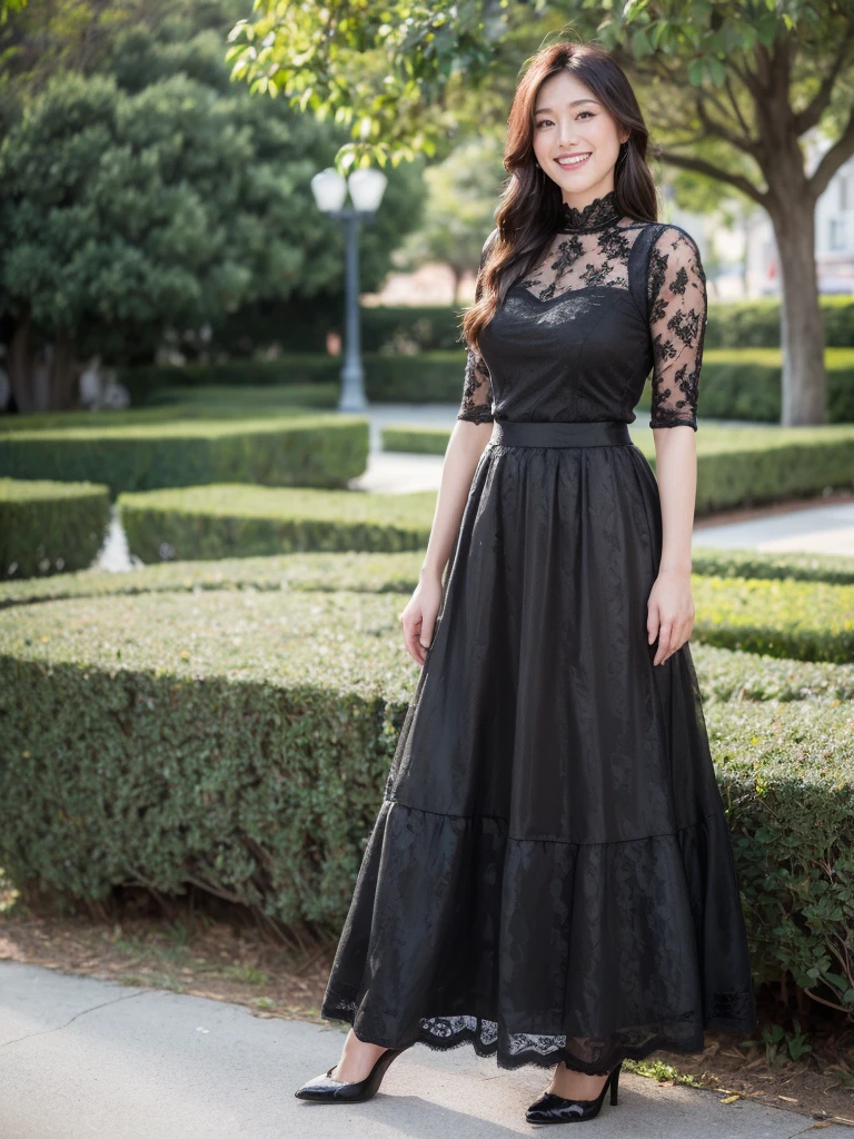 最high quality, 8K, Masseter area, Energetic, Clear focus, high quality, high resolution, Delicate face, Fine particles, thick lips, (Looking at the audience), Solitary, Beautiful woman, 38 years old, Plum, Black long hair, (Light lace long skirt:1.5),In front of the park garden,(Standing in the park:1.5)、((Smile:1.5))、((Wearing black high heels)),Tall