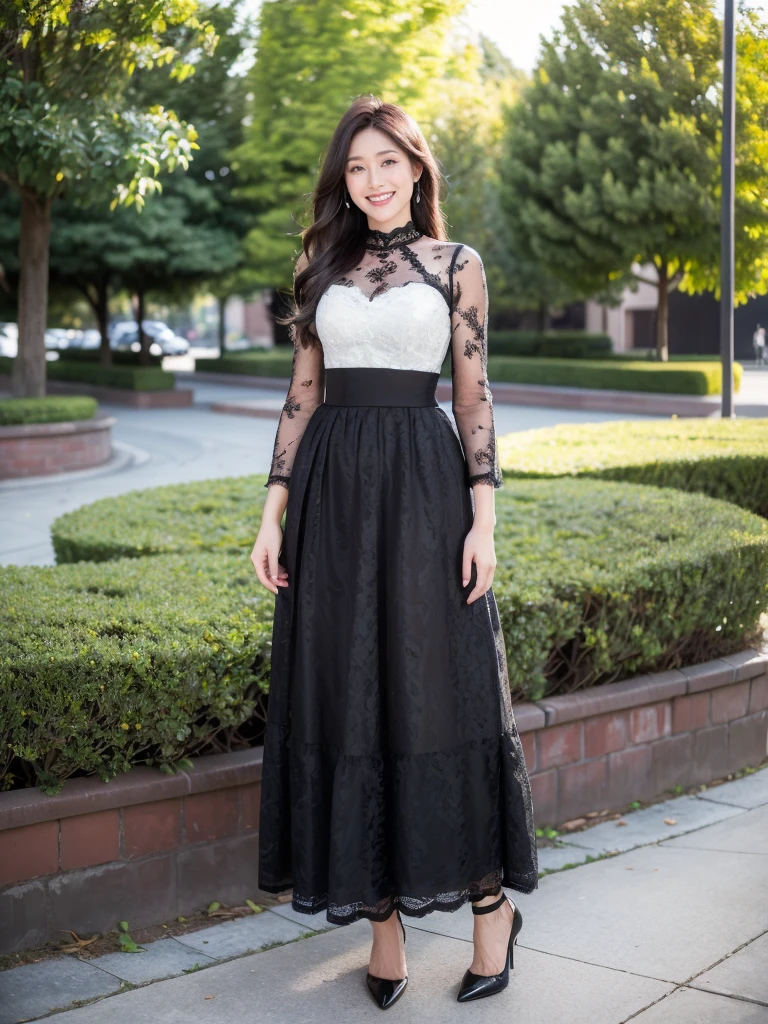 最high quality, 8K, Masseter area, Energetic, Clear focus, high quality, high resolution, Delicate face, Fine particles, thick lips, (Looking at the audience), Solitary, Beautiful woman, 38 years old, Plum, Black long hair,  (Light lace long skirt:1.5)，In front of the park garden,（Standing in the park：1.5）、((Smile:1.5))、((Wearing black high heels))，Tall
