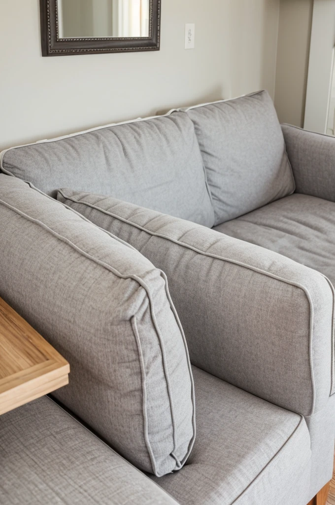 large gray couch against off white wall. wooden kitzch on the wall behind couch, ULTRA DETAILED Up close to viewer