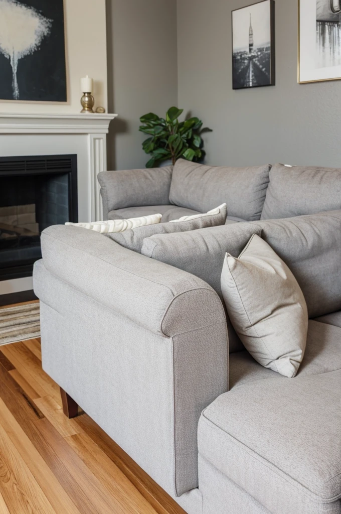 large gray couch against off white wall. wooden kitzch on the wall behind couch, ULTRA DETAILED Up close to viewer