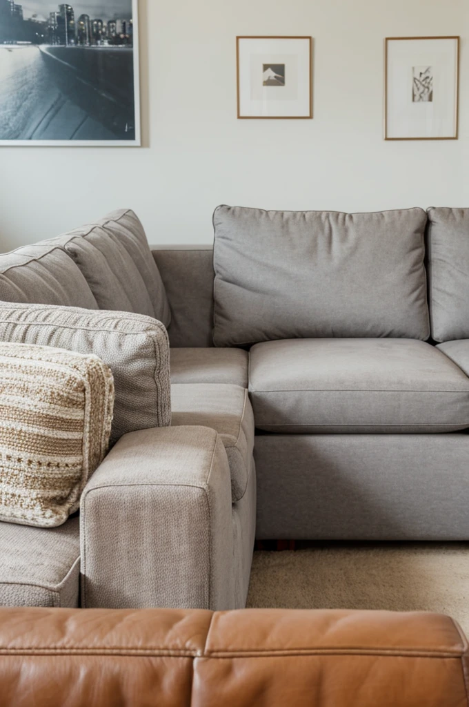 large gray couch against off white wall. wooden kitzch on the wall behind couch, ULTRA DETAILED Up close to viewer