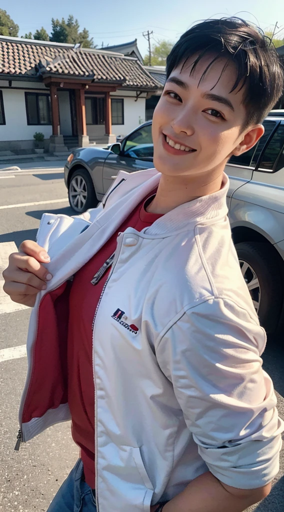 Masterpiece, best quality best, 1 young man, Asian man, East Asian people, one person, The muscles are in good proportion., Posing obscenely, short hair details,smile, white teeth, jacket set, road background, Realistic style,photography,Can be seen from the front, see viewers