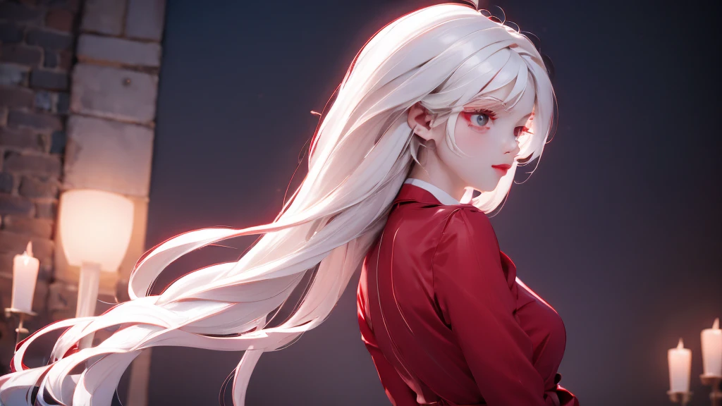 1 Girl, medium light white hair, light white eyes, wearing Red Suit 4D , night TOWN 18+, high res, ultrasharp, 8K, masterpiece, looking from behind
