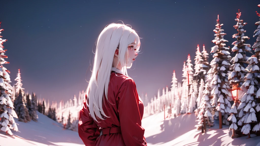 1 Girl, medium light white hair, light white eyes, wearing Red Suit 4D , night TOWN 18+, high res, ultrasharp, 8K, masterpiece, looking from behind