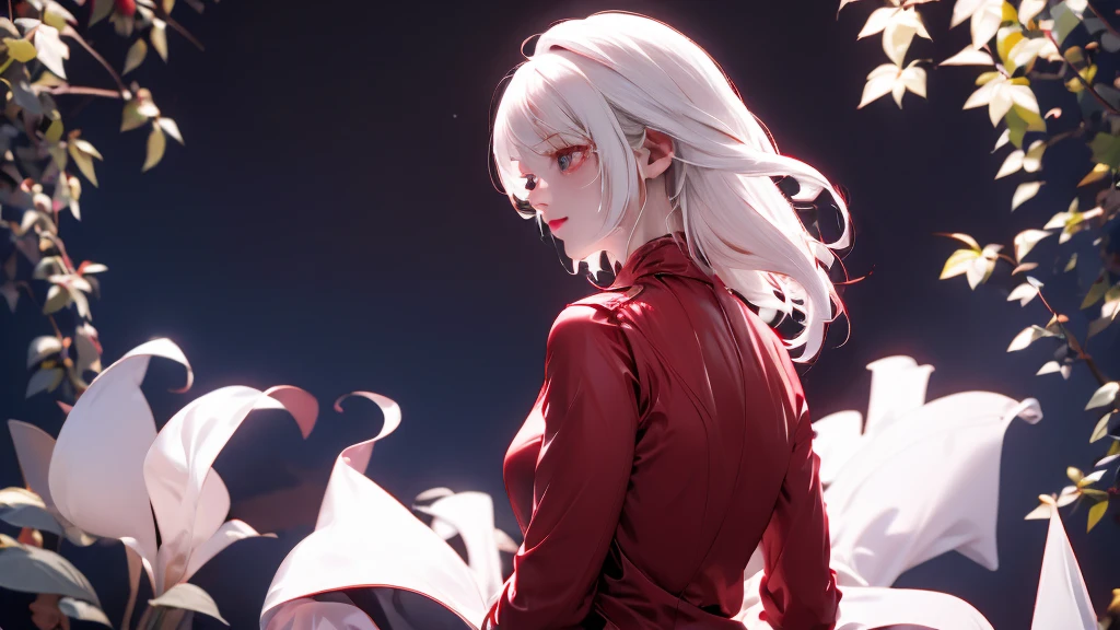 1 Girl, medium light white hair, light white eyes, wearing Red Suit 4D , night TOWN 18+, high res, ultrasharp, 8K, masterpiece, looking from behind