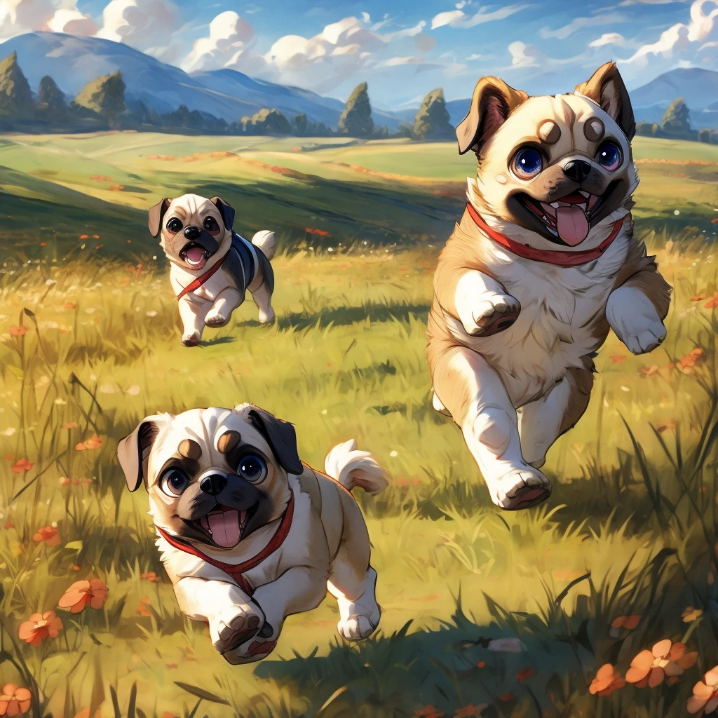 1 Pug puppy、、Running through the fields