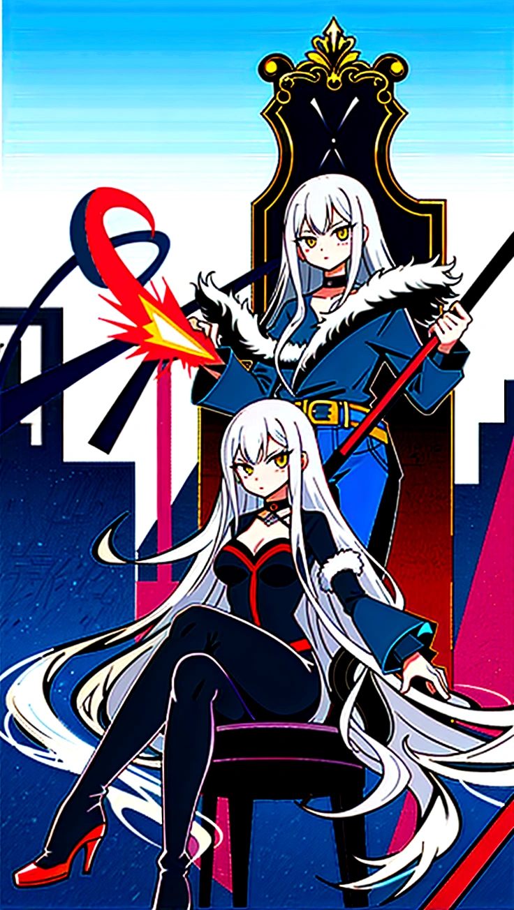 white hair, 1girl, expresionless, long hairBest quality，masterpiece，a high resolution，Adult female, 1girl, Mafia member, sitting on throne, legs crossed, visible breasts apart, visible collarbone, holding cane, visible cane, lipstick, white hair, long hair, yellow eyes, black coat, long pant, thighs, black pant,
