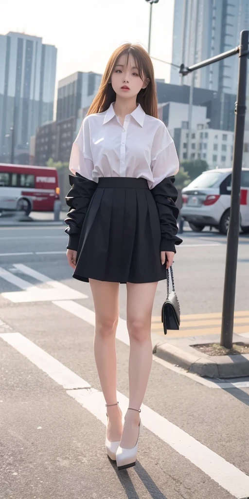 Mix 4, 20 days, Solitary, long_hair, shirt, skirt, High target_High heel,full_Body, look_exist_查look者, (8K, RAW photos, best quality, masterpiece:1.2), (Practical, photo-Practical:1.37), Professional lighting, Photon Mapping, Radiosity, Physically Based Rendering,