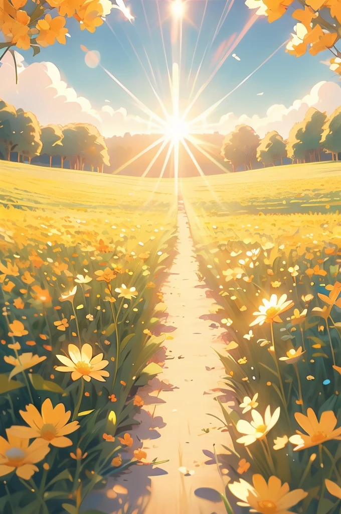 a field of flowers with the sun shining in the background, bright sunny summer day, 🌺 cgsociety, sunny meadow, bright and sunny day, sunny day time, bright summer day, in a sunny day, bright sunny time, beautiful sunny day, on a sunny day, bright sunny day, by Igor Zenin, sunny morning light, beautiful flowers, meadow flowers