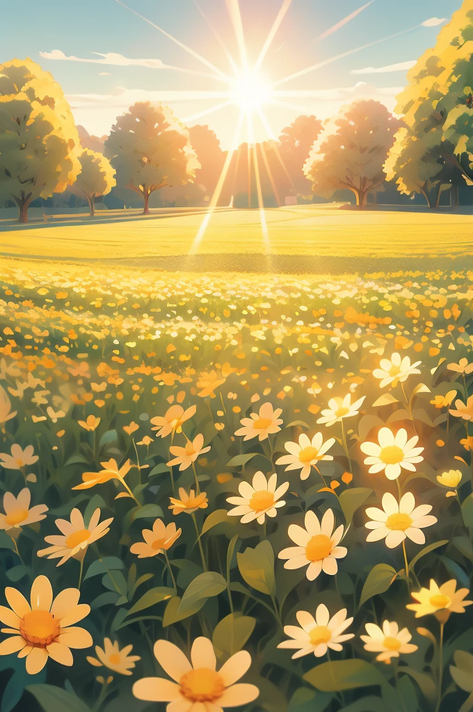 a field of flowers with the sun shining in the background, bright sunny summer day, 🌺 cgsociety, sunny meadow, bright and sunny day, sunny day time, bright summer day, in a sunny day, bright sunny time, beautiful sunny day, on a sunny day, bright sunny day, by Igor Zenin, sunny morning light, beautiful flowers, meadow flowers