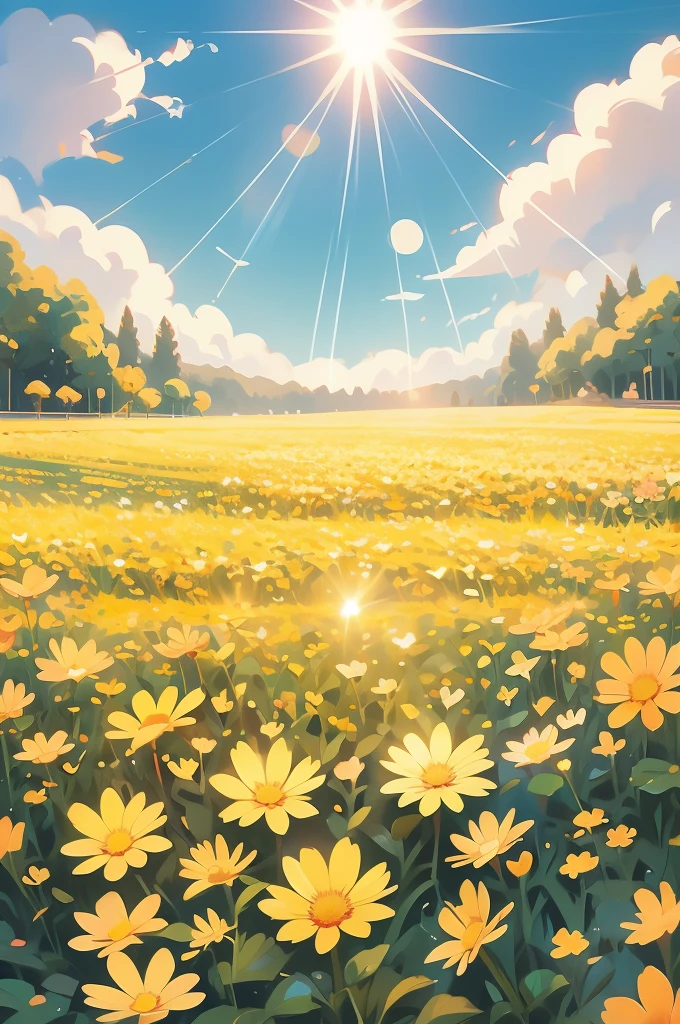 a field of flowers with the sun shining in the background, bright sunny summer day, 🌺 cgsociety, sunny meadow, bright and sunny day, sunny day time, bright summer day, in a sunny day, bright sunny time, beautiful sunny day, on a sunny day, bright sunny day, by Igor Zenin, sunny morning light, beautiful flowers, meadow flowers