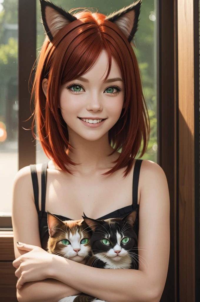 View Profile Short, Red hair, green-eyed, young, Cute, smiling girl with cat ears, with a cat&#39;s tail, with size 2 breasts, wear metal frame glasses, in green, leather bodysuit, Wearing a collar, on all fours over a dog bowl in the hallway