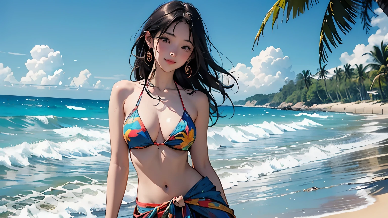 ((Highest quality, masterpiece, High resolution)), ((reality))、4K Digital Art、8k high quality detailed art、((Anime Art))、wallpaper、Cinema Angle、(((Three beautiful girls)))、((Hand in hand))、Cute face、 ((Detailed depiction of a beautiful face))、Smiling Kindly、young、Bikini Swimwear、Photorealistic perfect body、(A pareo with bold ethnic patterns and primary colors wrapped around the waist and skirt.)、particles of Light、Light、tropical、cinematic Light、Dark Background、soft Light、(No background)、On the sunny beach、With the sea in the background、Blur the background、