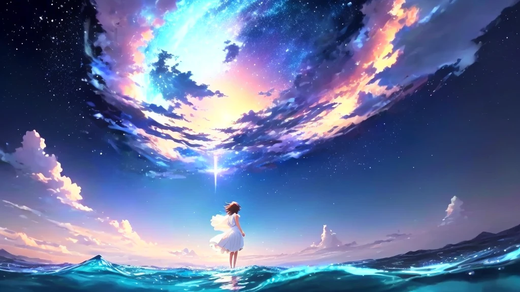 anime, a girl in a white dress is floating in the water, makoto shinkai cyril rolando, anime girl walking on water, anime movie background, beautiful anime scene, today's featured anime still, anime film still, screenshot from the anime film, anime still film anime shikishi, star(sky) starry_sky