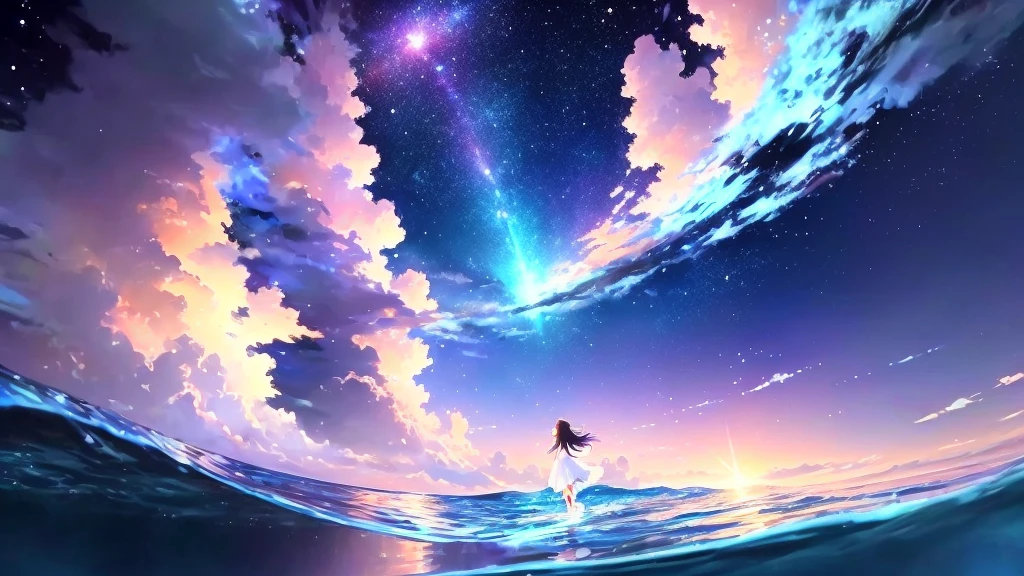 anime, a girl in a white dress is floating in the water, makoto shinkai cyril rolando, anime girl walking on water, anime movie background, beautiful anime scene, today's featured anime still, anime film still, screenshot from the anime film, anime still film anime shikishi, star(sky) starry_sky