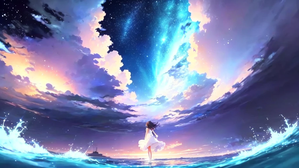 anime, a girl in a white dress is floating in the water, makoto shinkai cyril rolando, anime girl walking on water, anime movie background, beautiful anime scene, today's featured anime still, anime film still, screenshot from the anime film, anime still film anime shikishi, star(sky) starry_sky