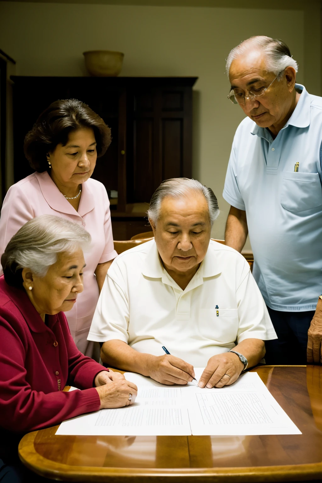 (Best Quality), ((Masterpiece)), (detailed) (plano general), 3 grandparents with Latin American features sitting at a table solving an exercise to stimulate semantic memory