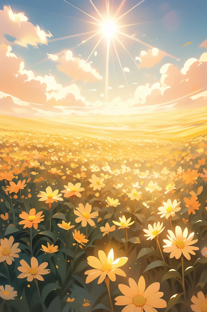 a field of flowers with the sun shining in the background, a picture by Igor Zenin, flickr, conceptual art, bright sunny summer day, 🌺 cgsociety, sunny meadow, bright and sunny day, sunny day time, bright summer day, in a sunny day, bright sunny time, beautiful sunny day, on a sunny day, bright sunny day, sunny morning light