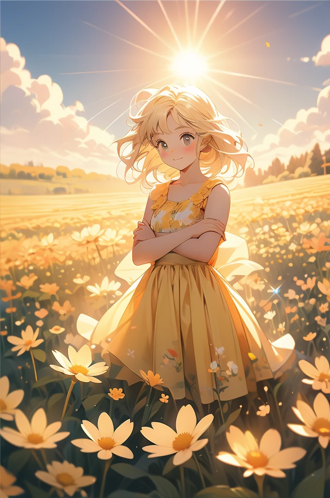 gonzarez, masterpiece, Serenaj, 1girl, solo, Indian dress, blue eyes, open mouth, blonde hair, outdoor, looking at viewers, day, sky, yellow flowers field, bandage on head,