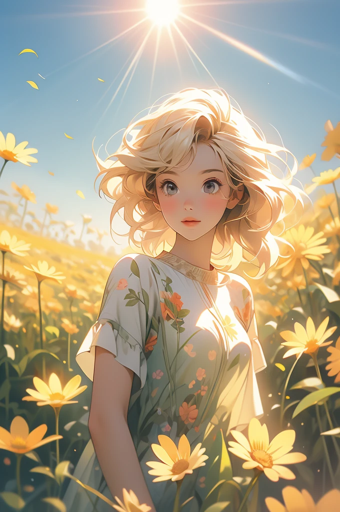 a field of flowers with the sun shining in the background, bright sunny summer day, 🌺 cgsociety, sunny meadow, bright and sunny day, sunny day time, bright summer day, in a sunny day, bright sunny time, beautiful sunny day, on a sunny day, bright sunny day, by Igor Zenin, sunny morning light, beautiful flowers, meadow flowers