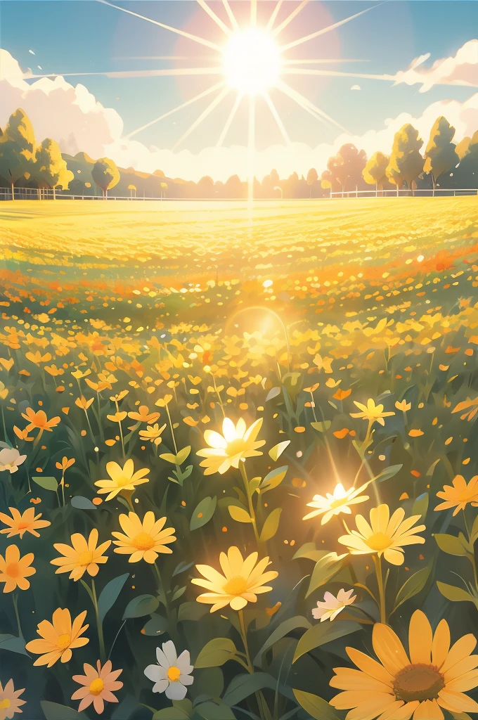 a field of flowers with the sun shining in the background, bright sunny summer day, 🌺 cgsociety, sunny meadow, bright and sunny day, sunny day time, bright summer day, in a sunny day, bright sunny time, beautiful sunny day, on a sunny day, bright sunny day, by Igor Zenin, sunny morning light, beautiful flowers, meadow flowers
