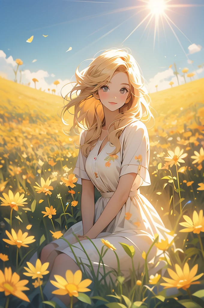 a field of flowers with the sun shining in the background, bright sunny summer day, 🌺 cgsociety, sunny meadow, bright and sunny day, sunny day time, bright summer day, in a sunny day, bright sunny time, beautiful sunny day, on a sunny day, bright sunny day, by Igor Zenin, sunny morning light, beautiful flowers, meadow flowers