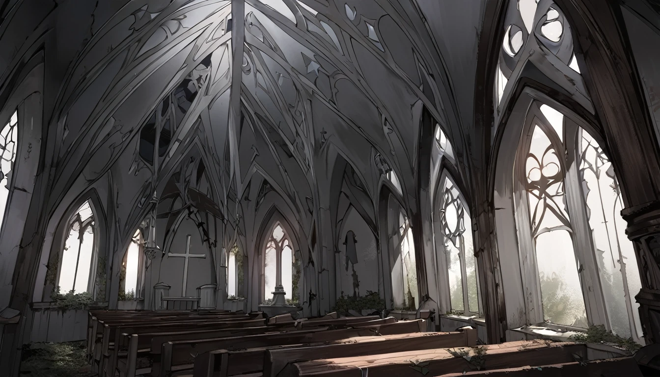 there is a small white church with a steeple on the front, church in the wood, white church background, church, Abandoned old, Southern Gothic scene, ribbon chapel, churches, Southern Gothic, marilyn church h, dark gloomy church, Abandoned, shot with a canon 20mm lens, White Building, isolated, religious, Southern Gothic art, Haunted