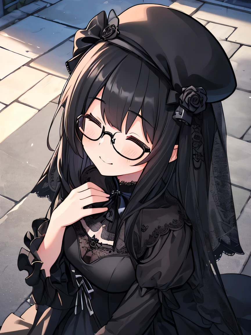 ultra-detailliert, Best Quality, High resolution, ((A cute with black hair and a big face.))、Pretty eyes、Detailed eye depiction、Eye sparkle、Sareme、Looking at Viewer, pale skin、(((Petite))), (Naked Wedding Dresses)、(flat chest), (big glasses), (blush:1.2), (big eye:1.5), Shy smile, NSFW, In a church, Focus on the face, Long hair,