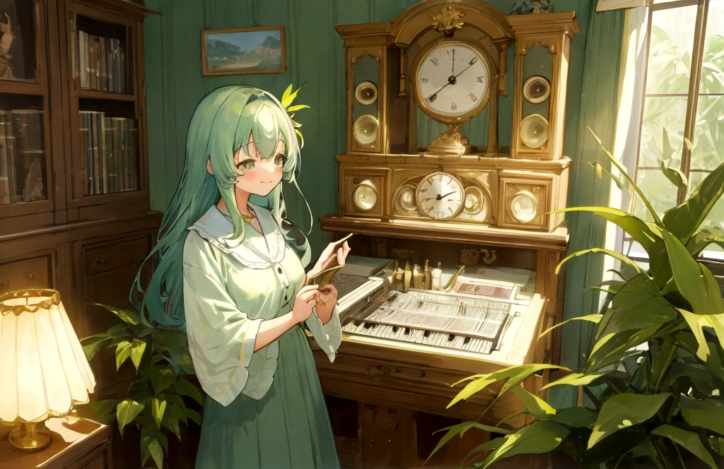 Wife,high resolution,Smile brightly,柔らかな日差しが差し込む窓辺に座る穏やかなWife, Immerse yourself in music, A vintage room filled with records and plants, Evokes a sense of nostalgia and relaxation, figure, Digital Art, --16 pieces:9-5 o'clock