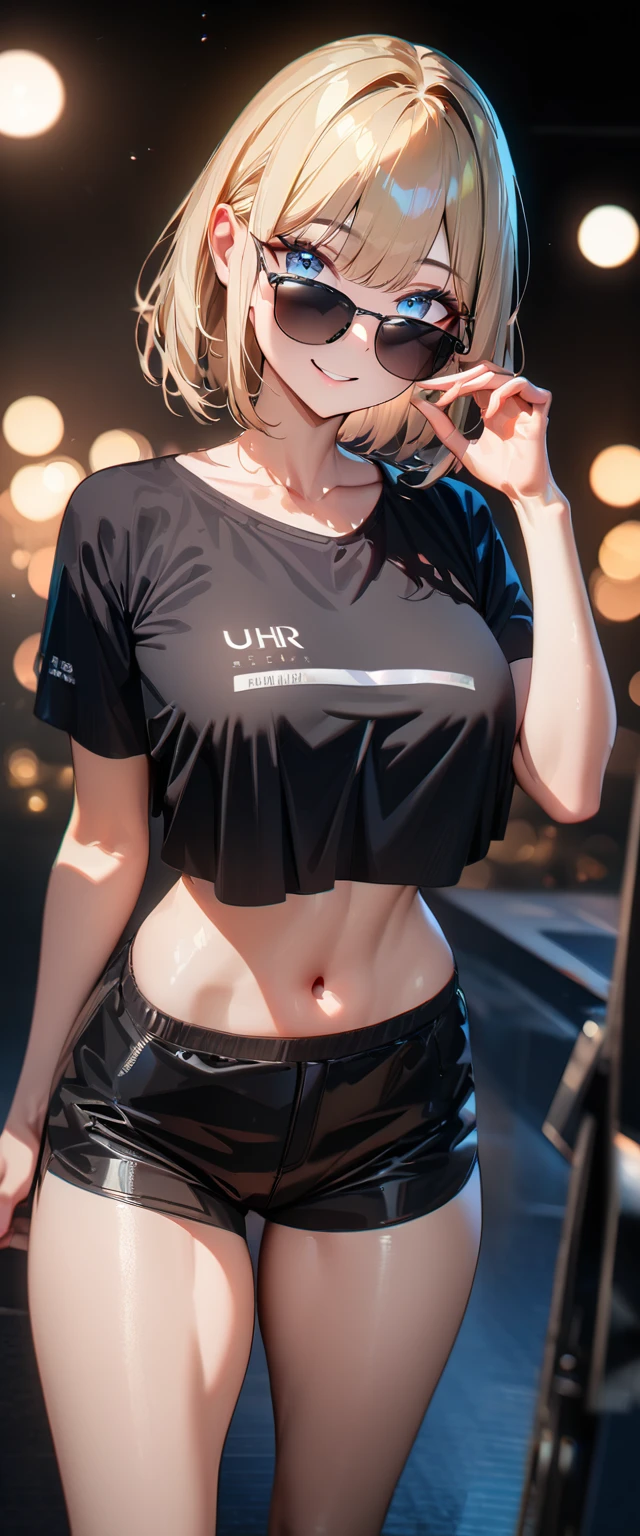 (((One girl))), beach, blond hair, bob cut, breasts, from front, (cowboy shot), glamor, (looking at viewer), ((black shorts)), ((black crop top overhang)), short sleeves, Casual Stance, ((sunglasses)), midriff peek, teenager, head tilt:1.3, (((blue eye))), ((happy smile)), anime style, (best quality, 4k, 8k, highres, masterpiece:1.2, ultra-detailed, ultra-detailed eyes, HDR, UHD, studio lighting, ultra-fine painting, sharp focus, physically-based rendering, extreme detail description, professional, vivid colors, bokeh), ((Highest quality, Best image quality, Ultra-high resolution, Ultra-high resolution, solo, Strong eye highlights)), Depth of written boundary, Natural soft light, attractive, Beautiful Face, Cleanliness, Pure Face, nedium chest, Beautiful Face, Perfect Fingers, Perfect hands, Perfect body, Perfect Face, Shine a light into your eyes, Perfect Anatomy