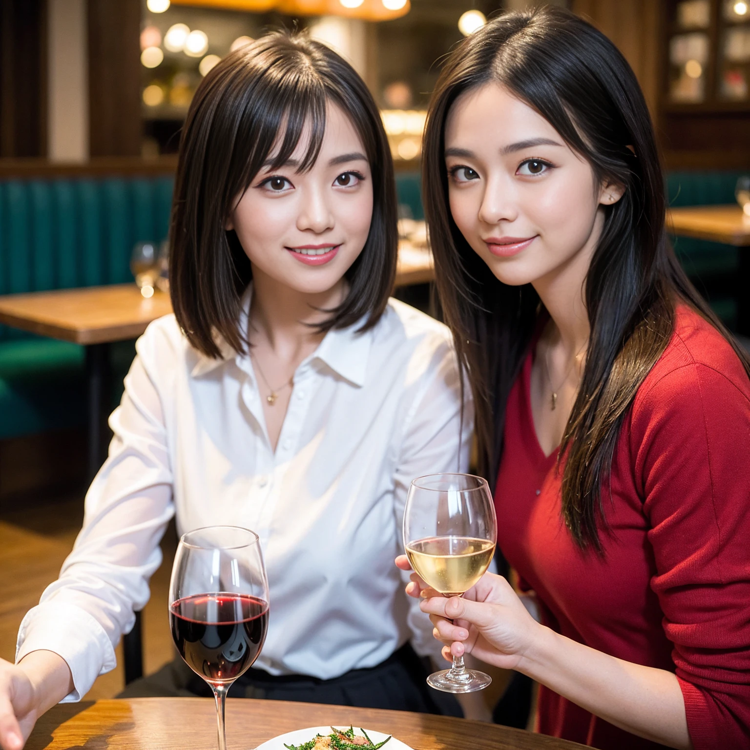 ((Highest quality、、masterpiece:1.3))、1 male 1 female、、Beautiful couple、Japanese couple、smile、 (Slim face), (the body is スリム), (Brown Hair), (Shortcuts), ((Bob Hale、Straight hair:1.2)), テーブルの上のフルコースディナーwine glass、Please shine a light on my face、 Amazing view of the sunset sky and clouds、smileの美しさ、Bright imYear、Blushing, Shortcuts,Bright Face、 Year), 39 Year, red wine 、Appetizers、Italian food、Wine bottle、Champagne、sparkling wine、Long sleeve shirt、dress、Attractive beauty、restaurant, Nova Frog Style, actress, model, Upper Body, White wine, red wine, wine glass,