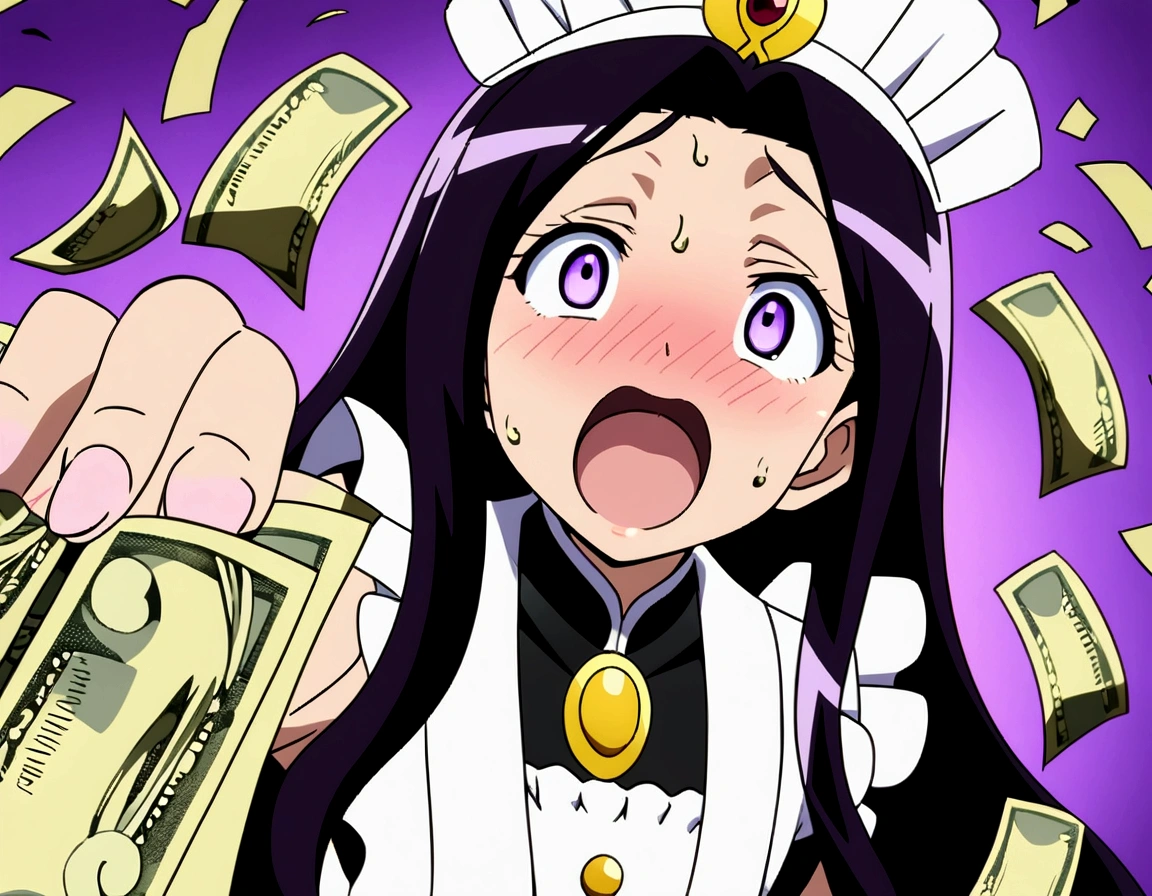 A ahegao maid blushing holding money and excited. black long hair and purple eyes. Anime Art Style. Purple Background with much money and gold.