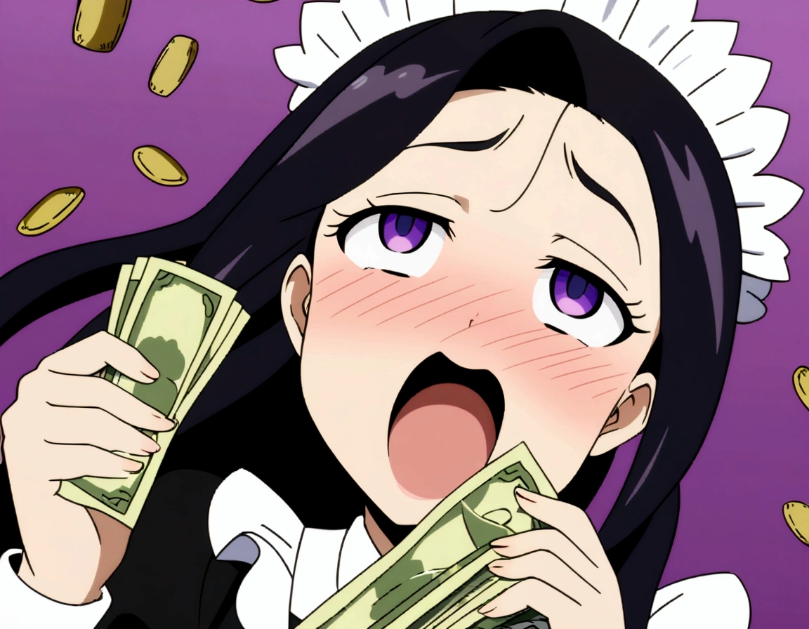 A ahegao maid blushing holding money and excited. black long hair and purple eyes. Anime Art Style. Purple Background with much money and gold.